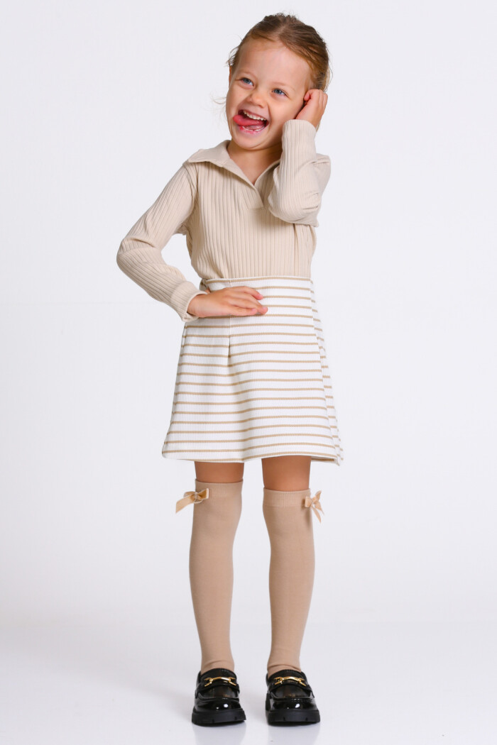 Kız Çocuk Bej Çizgili Etekli 3-7 Yaş Takım - 23319-1