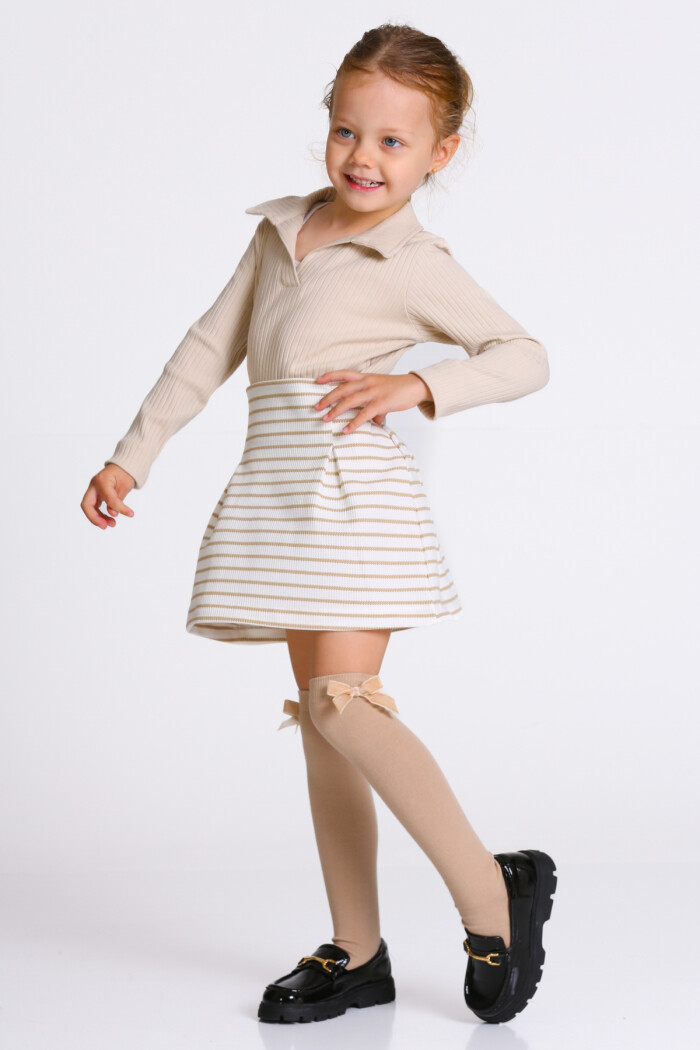 Kız Çocuk Bej Çizgili Etekli 3-7 Yaş Takım - 23319-1