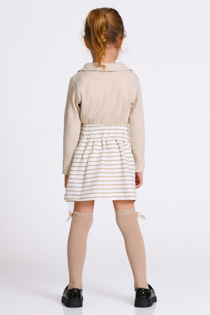 Kız Çocuk Bej Çizgili Etekli 3-7 Yaş Takım - 23319-1