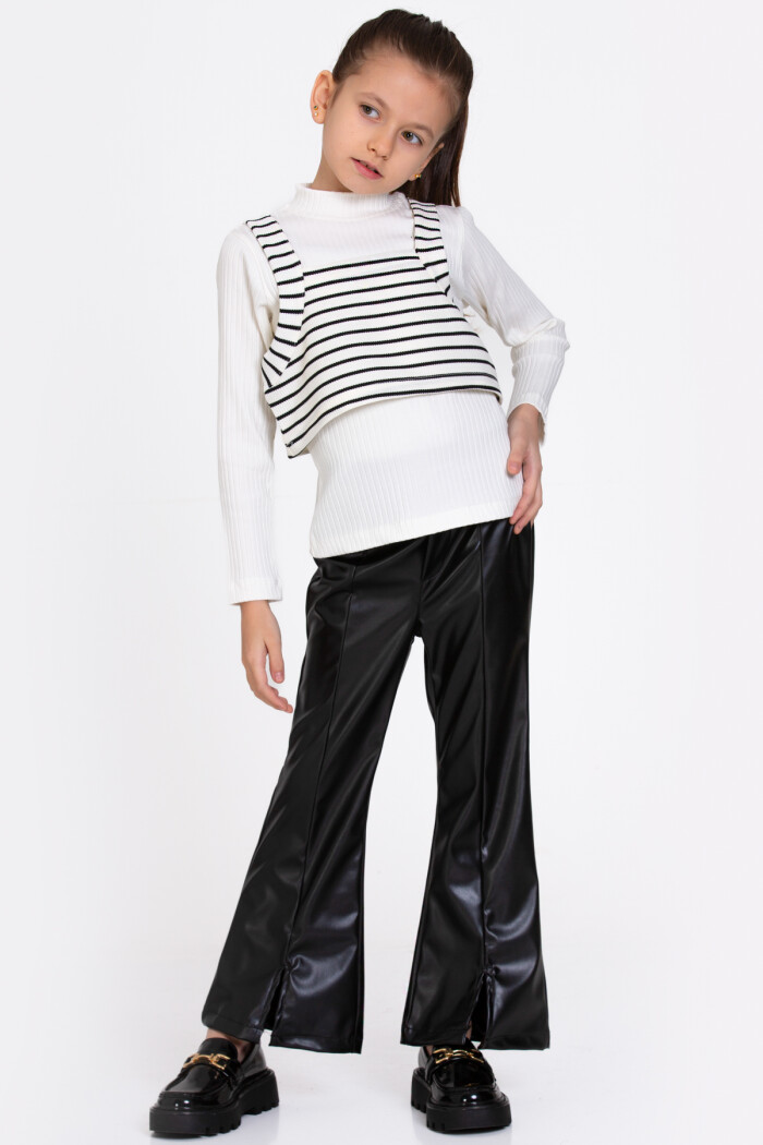 Kız Çocuk Beyaz Çizgili Deri Pantolonlu 3lü 5-9 Yaş Takım - 23359-5