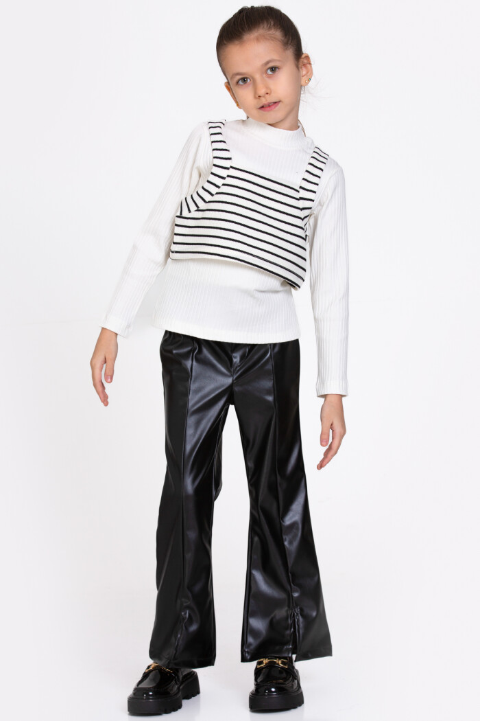 Kız Çocuk Beyaz Çizgili Deri Pantolonlu 3lü 5-9 Yaş Takım - 23359-5