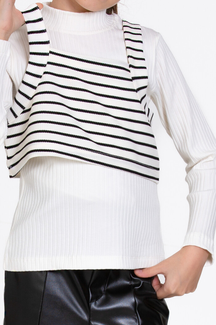 Kız Çocuk Beyaz Çizgili Deri Pantolonlu 3lü 5-9 Yaş Takım - 23359-5