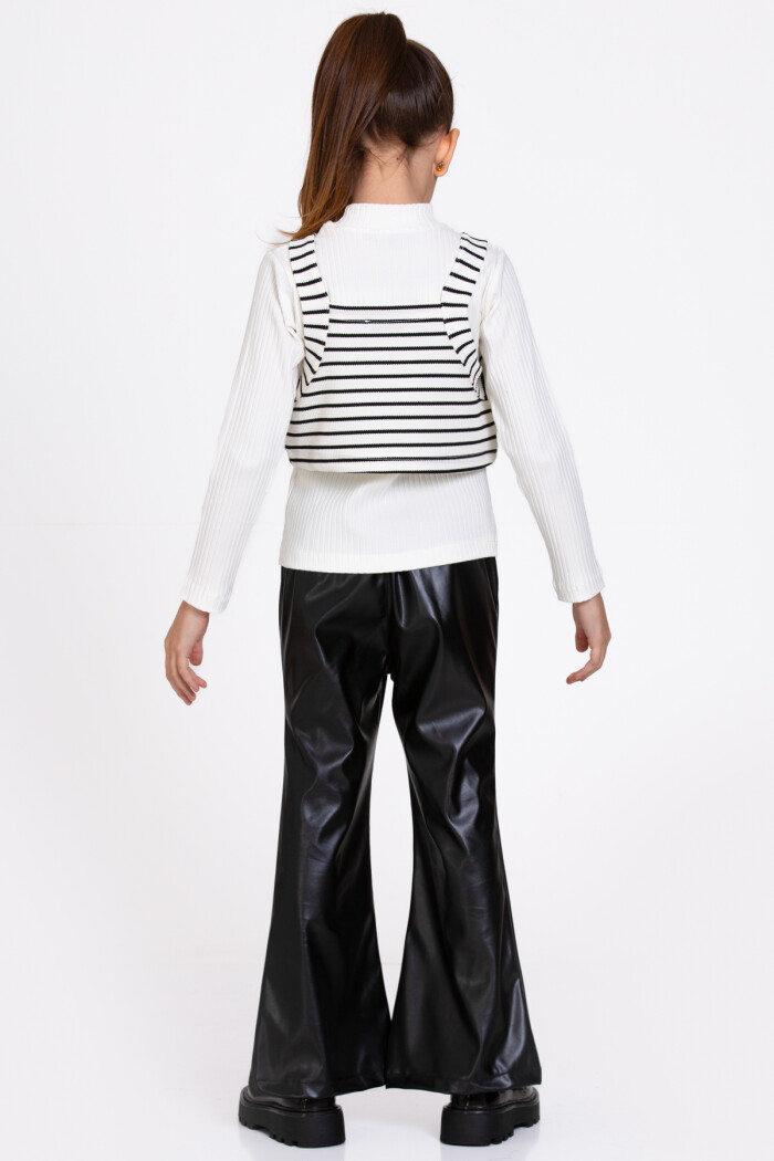 Kız Çocuk Beyaz Çizgili Deri Pantolonlu 3lü 5-9 Yaş Takım - 23359-5