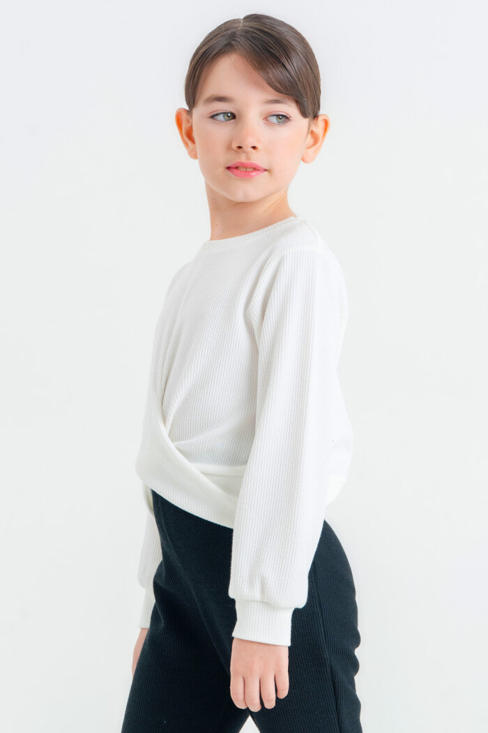 Kız Çocuk Beyaz Düğümlü 4-12 Yaş Sweatshirt - 23331-1