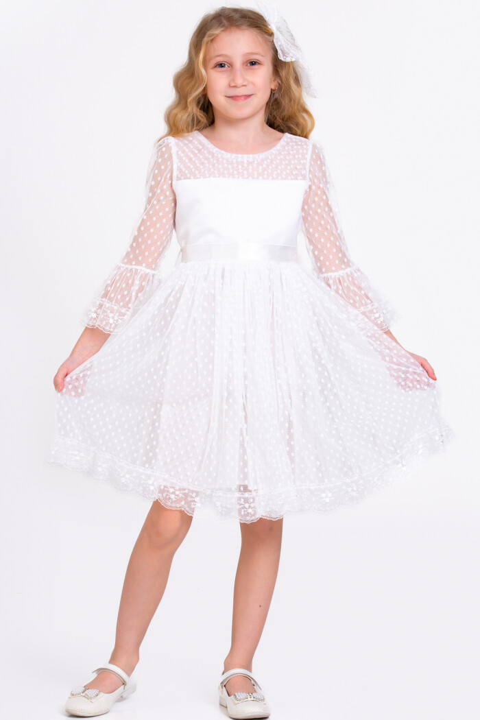 Kız Çocuk Beyaz Tüllü 3-8 Yaş Abiye Elbise - 9234-4