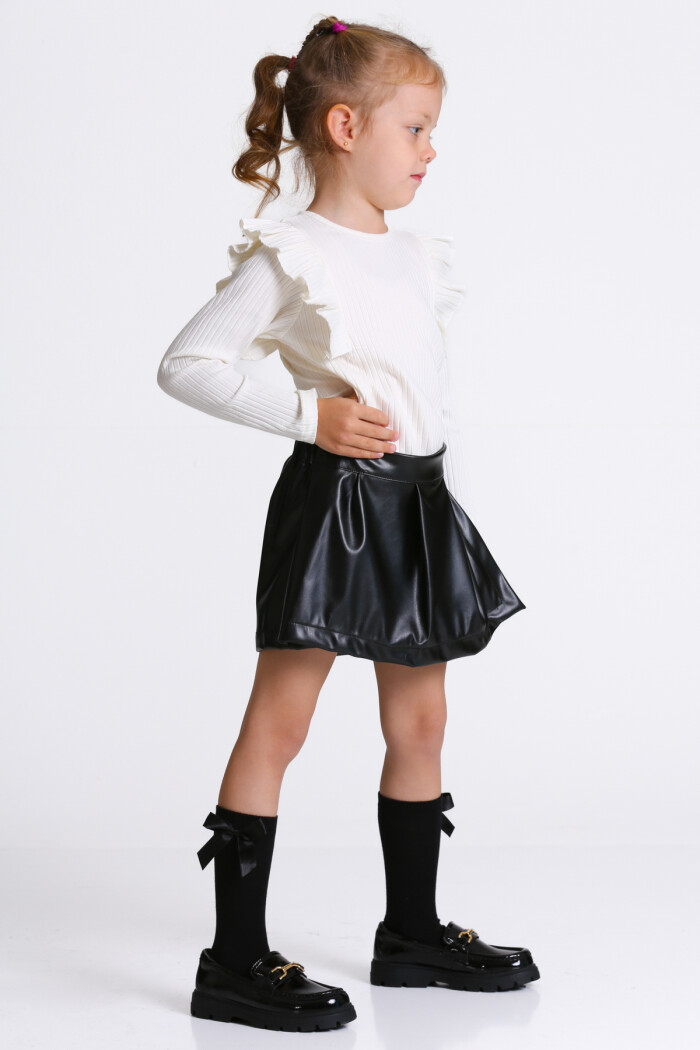 Kız Çocuk Ekru Deri Şort Etekli 3-7 Yaş Takım - 23309-3