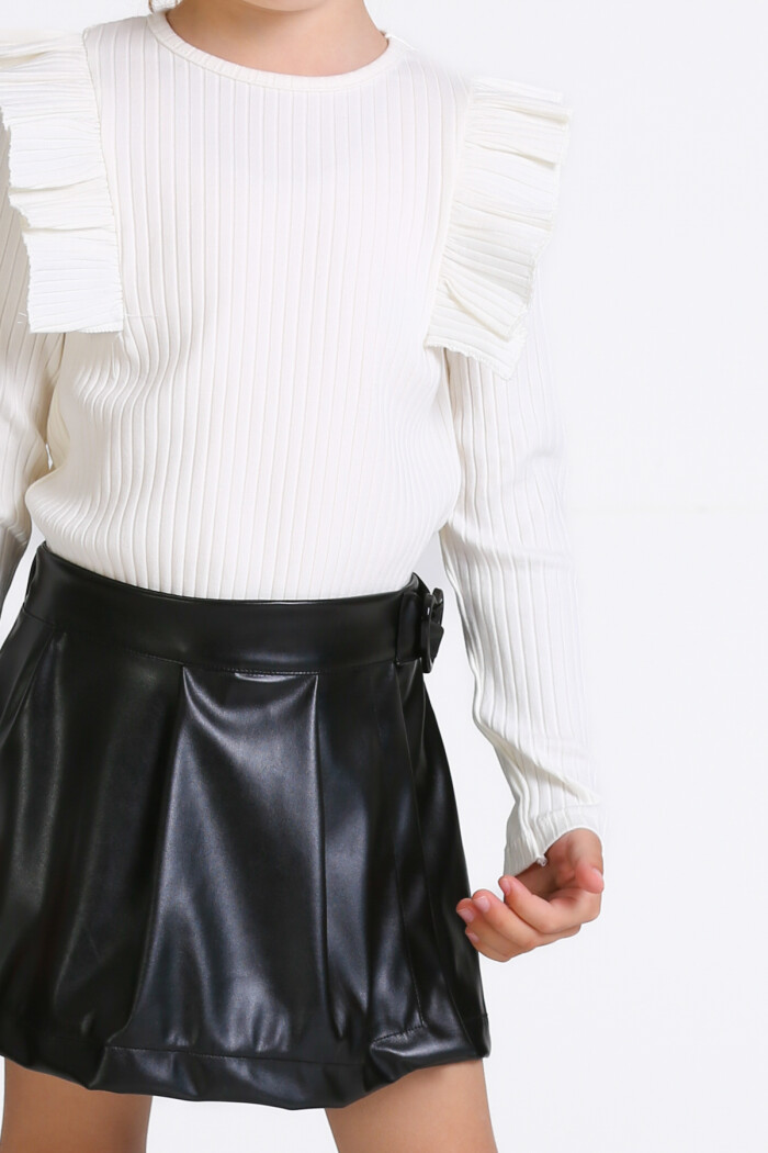 Kız Çocuk Ekru Deri Şort Etekli 3-7 Yaş Takım - 23309-3