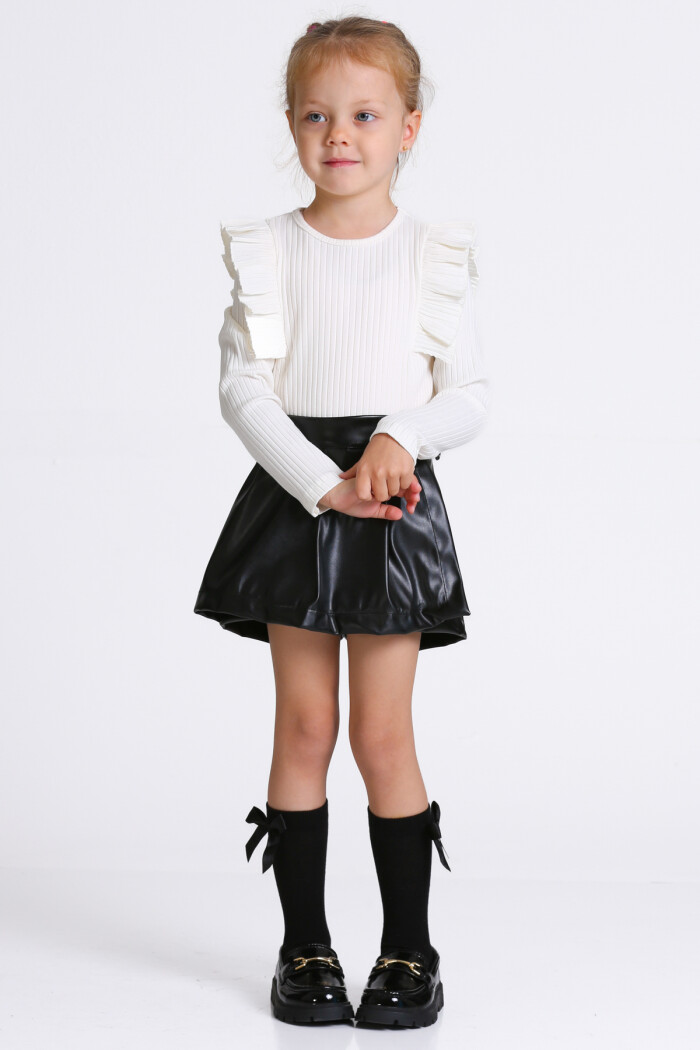 Kız Çocuk Ekru Deri Şort Etekli 3-7 Yaş Takım - 23309-3