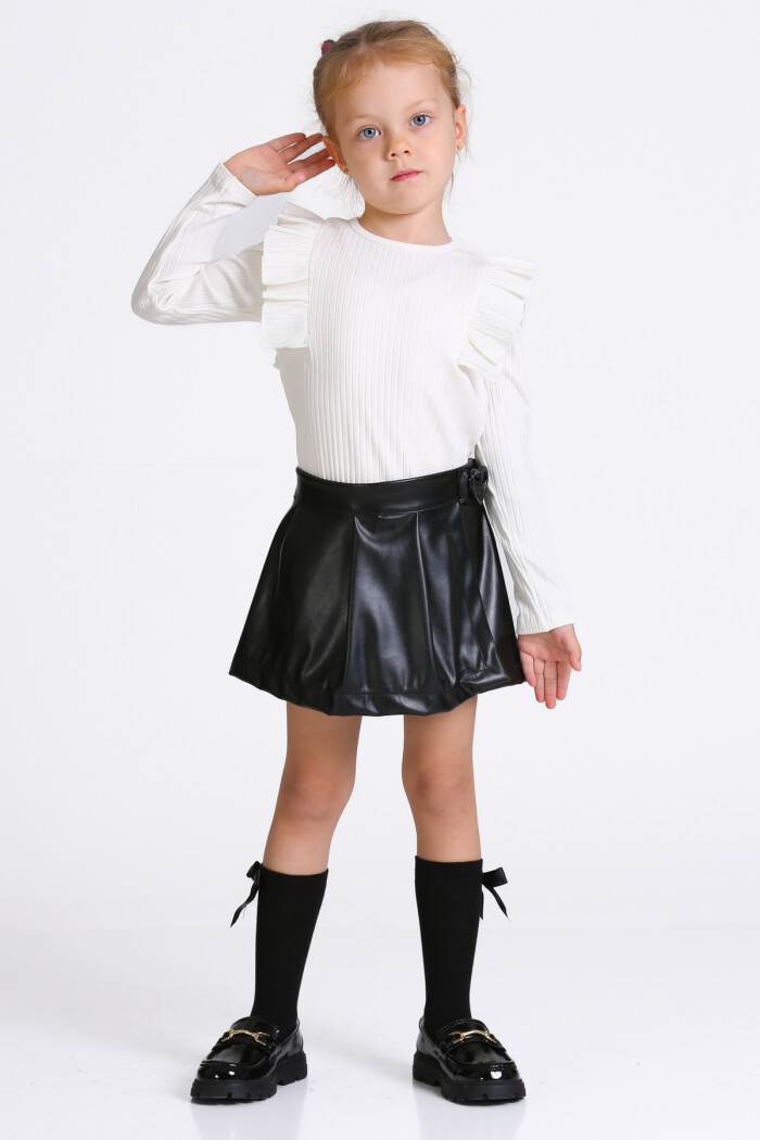 Kız Çocuk Ekru Deri Şort Etekli 3-7 Yaş Takım - 23309-3