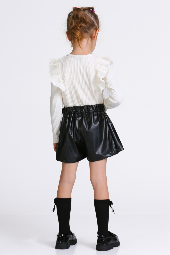 Kız Çocuk Ekru Deri Şort Etekli 3-7 Yaş Takım - 23309-3