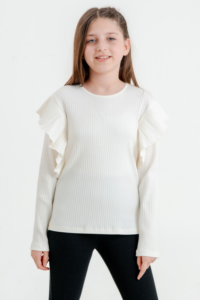 Kız Çocuk Ekru Fırfırlı 4-12 Yaş Sweatshirt - 23329-6