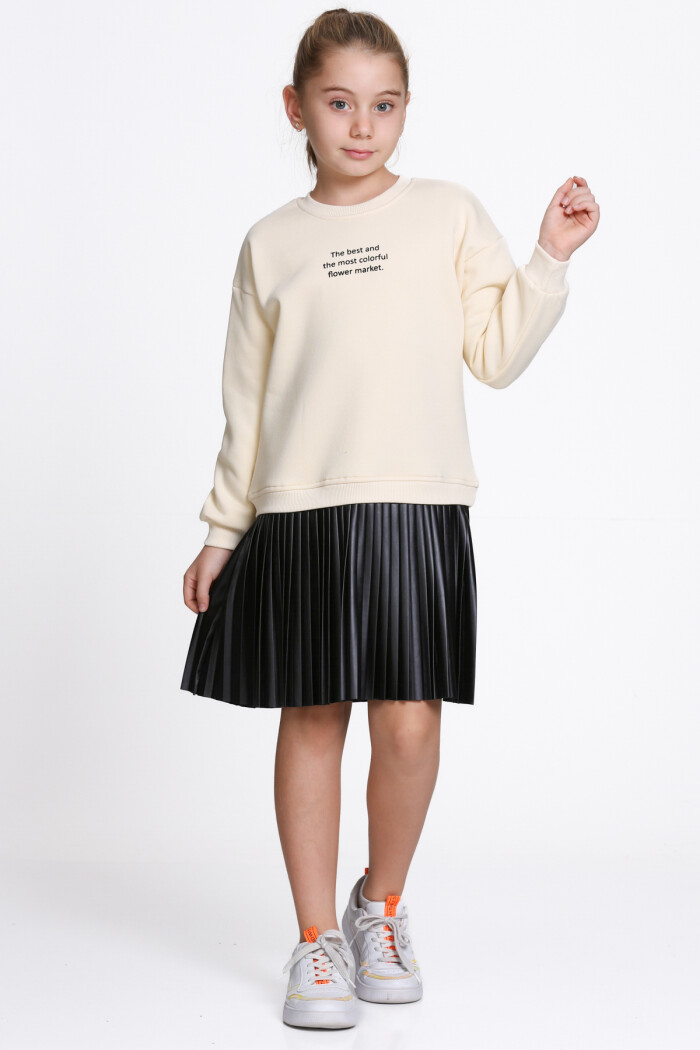 Kız Çocuk Ekru Paragraf Baskılı Deri Parçalı 5-9 Yaş Elbise - 23181-5