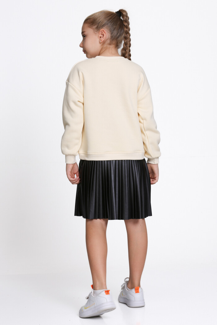 Kız Çocuk Ekru Paragraf Baskılı Deri Parçalı 5-9 Yaş Elbise - 23181-5