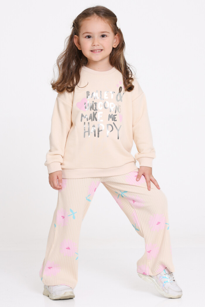 Kız Çocuk Bej Ballet & Unicorns Make Me Happy Baskı 1-5 Yaş Takım - 23278-2