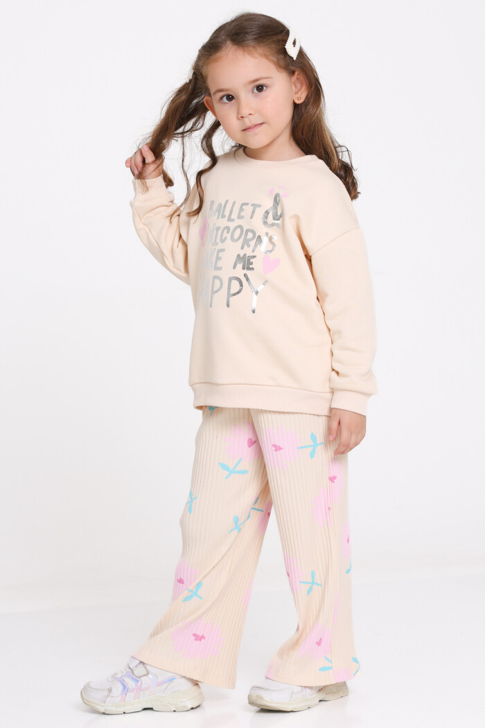 Kız Çocuk Bej Ballet & Unicorns Make Me Happy Baskı 1-5 Yaş Takım - 23278-2