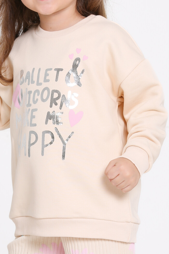 Kız Çocuk Bej Ballet & Unicorns Make Me Happy Baskı 1-5 Yaş Takım - 23278-2