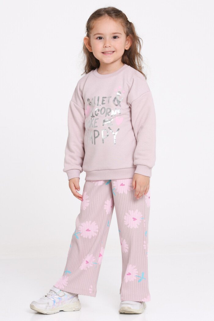 Kız Çocuk Gül Kurusu Ballet & Unicorns Make Me Happy Baskı 1-5 Yaş Takım - 23278-1