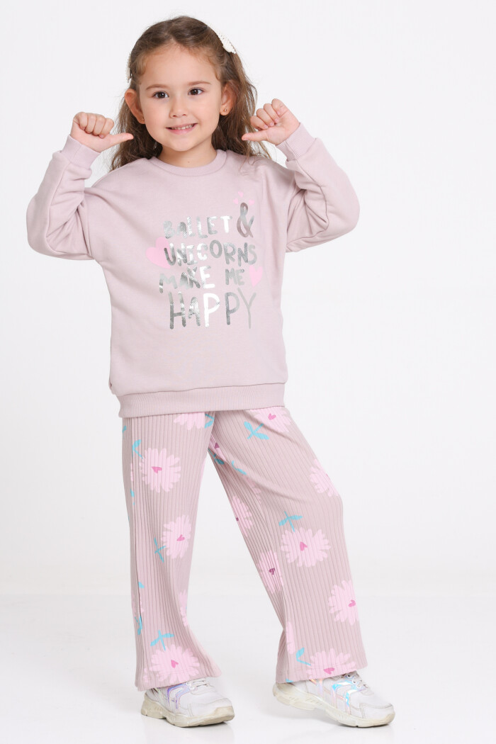 Kız Çocuk Gül Kurusu Ballet & Unicorns Make Me Happy Baskı 1-5 Yaş Takım - 23278-1