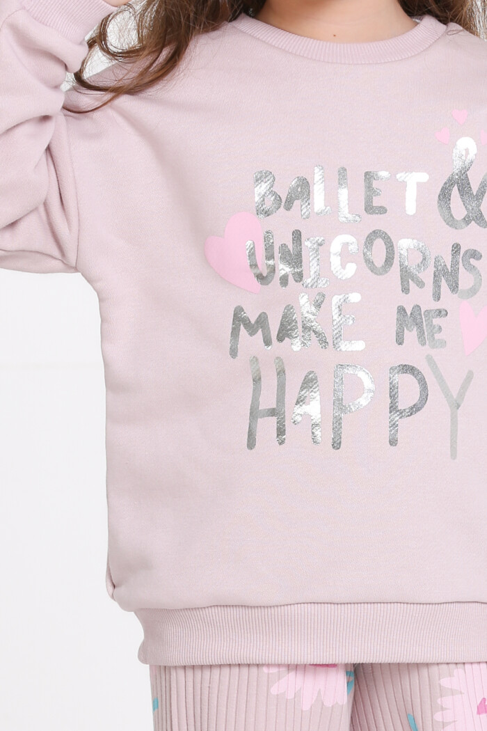 Kız Çocuk Gül Kurusu Ballet & Unicorns Make Me Happy Baskı 1-5 Yaş Takım - 23278-1