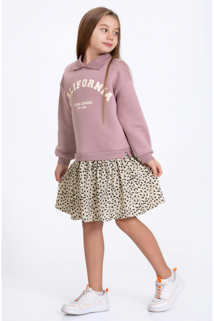 Kız Çocuk Gül Kurusu California Baskı 5-9 Yaş Elbise - 23182-1