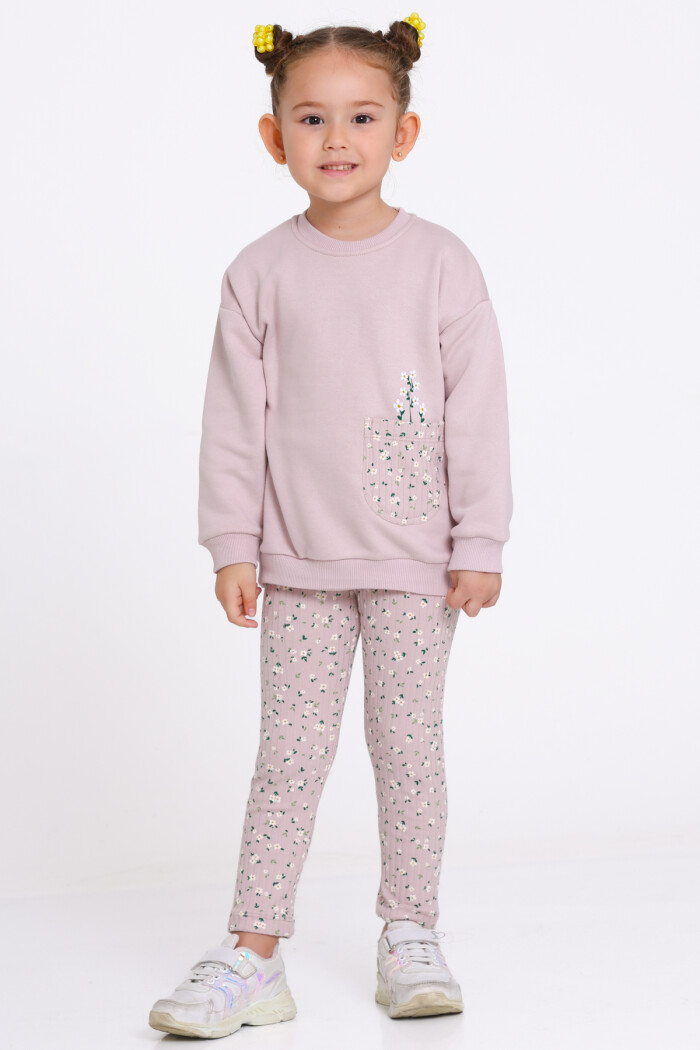 Kız Çocuk Gül Kurusu Çiçek Desenli 1-5 Yaş Takım - 23276-1