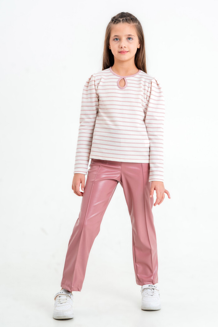 Kız Çocuk Gül Kurusu Çizgili 5-9 Yaş Takım - 23314-3