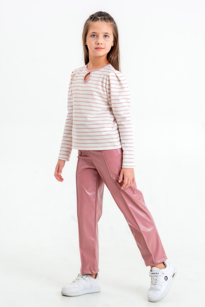 Kız Çocuk Gül Kurusu Çizgili 5-9 Yaş Takım - 23314-3