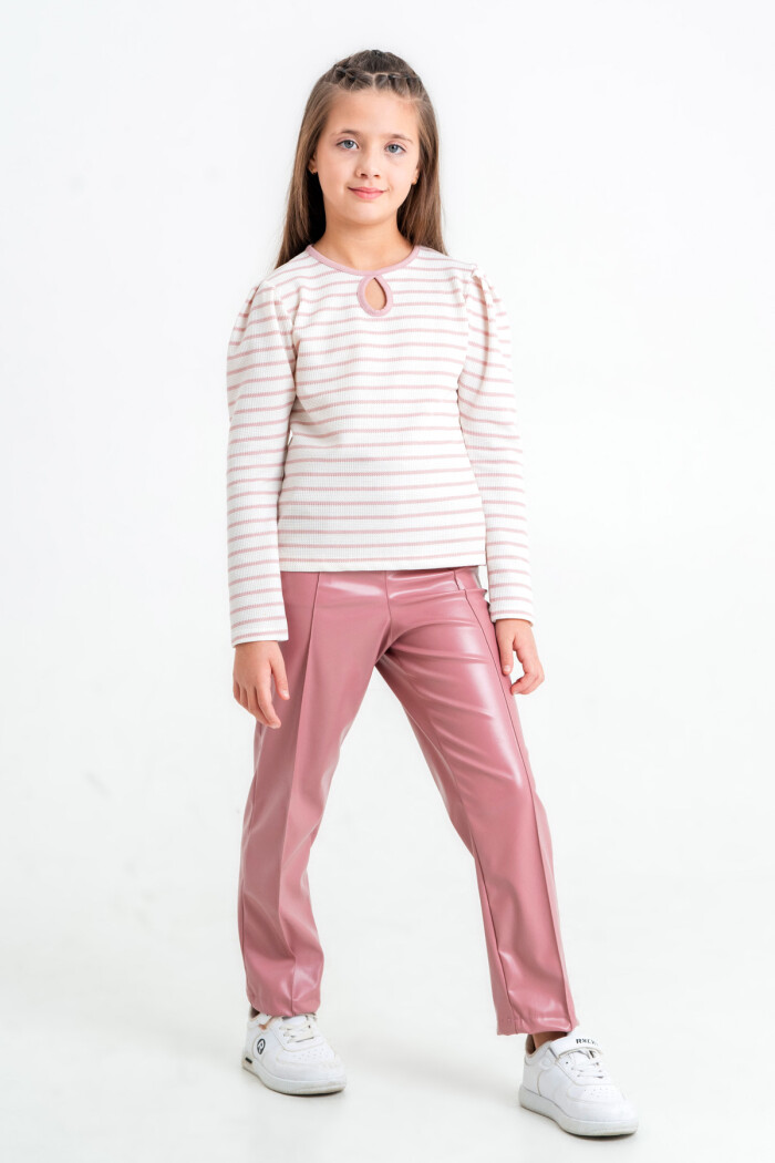 Kız Çocuk Gül Kurusu Çizgili 5-9 Yaş Takım - 23314-3