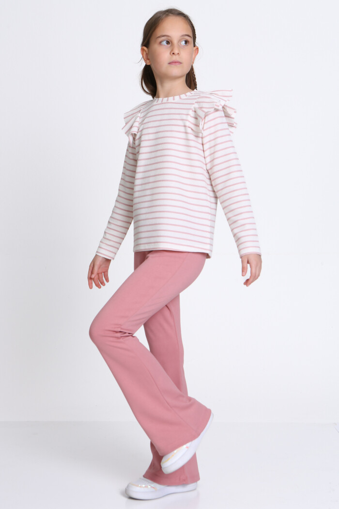 Kız Çocuk Gül Kurusu Çizgili 5-9 Yaş Takım - 23316-3