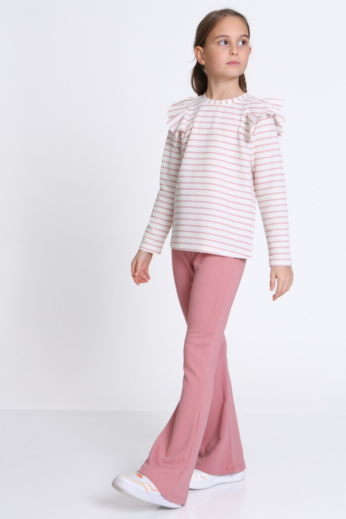 Kız Çocuk Gül Kurusu Çizgili 5-9 Yaş Takım - 23316-3