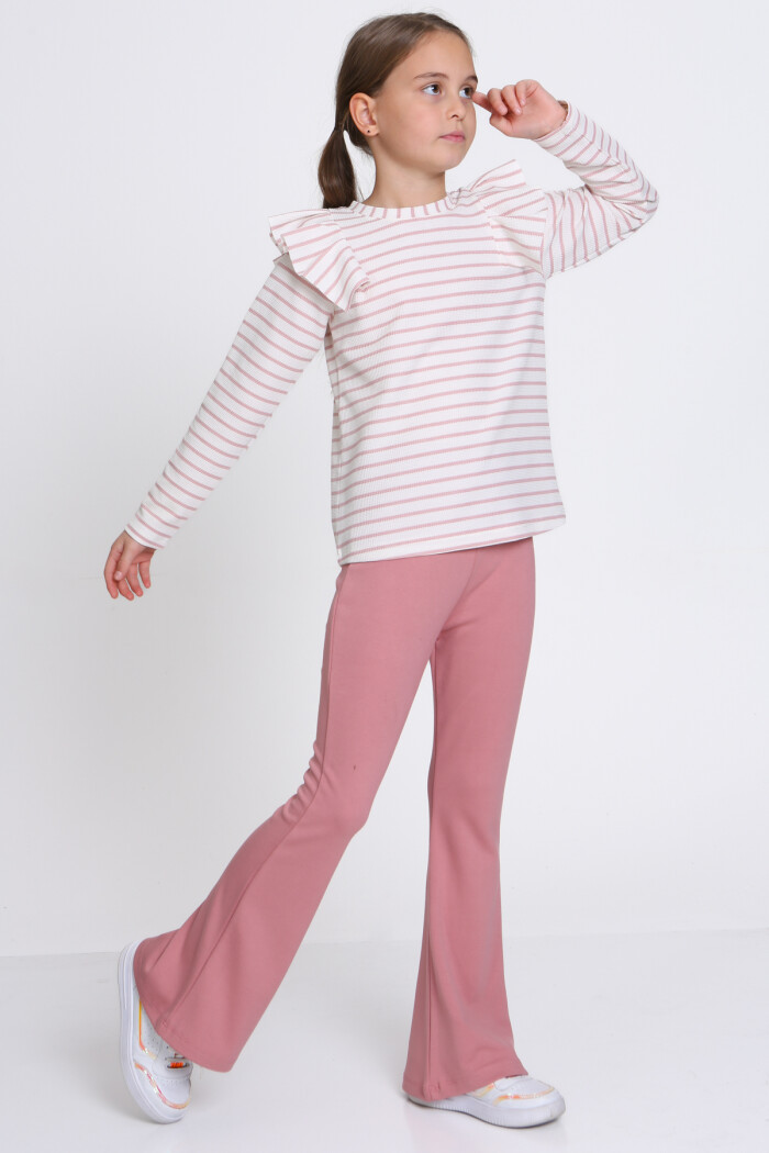 Kız Çocuk Gül Kurusu Çizgili 5-9 Yaş Takım - 23316-3