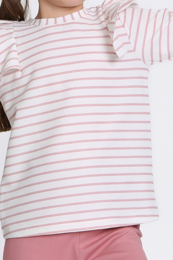 Kız Çocuk Gül Kurusu Çizgili 5-9 Yaş Takım - 23316-3