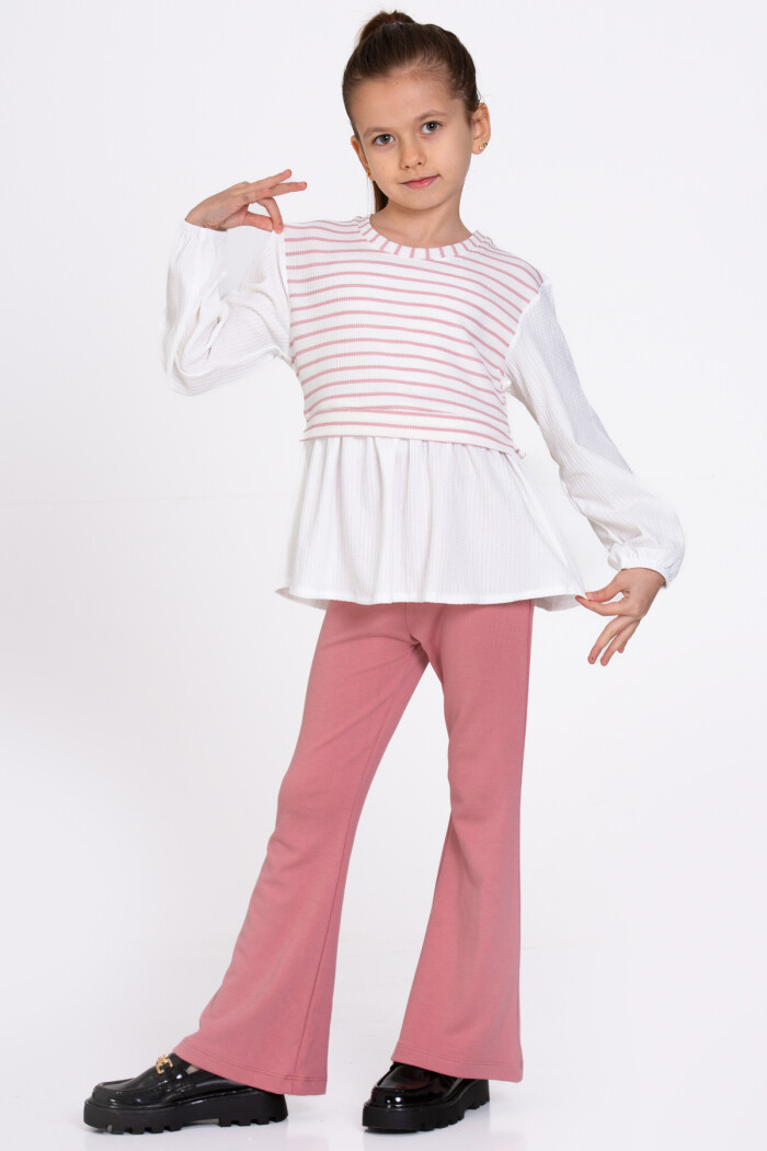 Kız Çocuk Gül Kurusu Çizgili 5-9 Yaş Takım - 23361-4