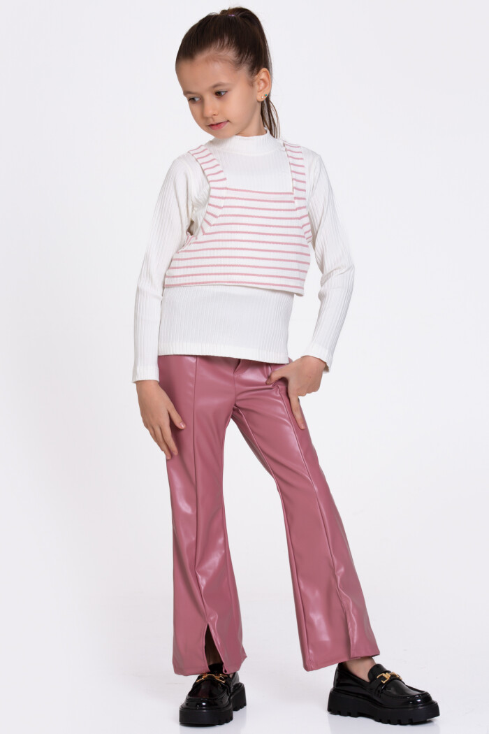 Kız Çocuk Gül Kurusu Çizgili Deri Pantolonlu 3lü 5-9 Yaş Takım - 23359-4