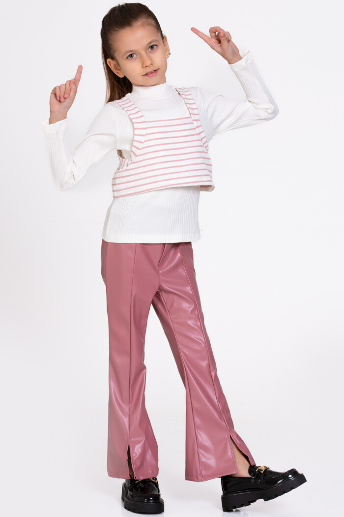 Kız Çocuk Gül Kurusu Çizgili Deri Pantolonlu 3lü 5-9 Yaş Takım - 23359-4