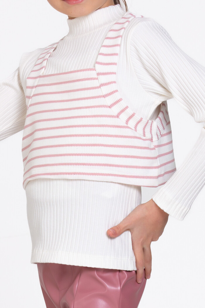 Kız Çocuk Gül Kurusu Çizgili Deri Pantolonlu 3lü 5-9 Yaş Takım - 23359-4