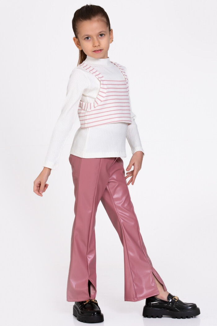 Kız Çocuk Gül Kurusu Çizgili Deri Pantolonlu 3lü 5-9 Yaş Takım - 23359-4