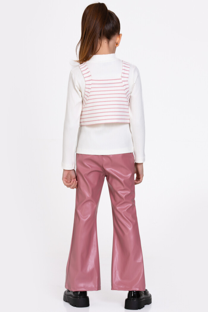 Kız Çocuk Gül Kurusu Çizgili Deri Pantolonlu 3lü 5-9 Yaş Takım - 23359-4