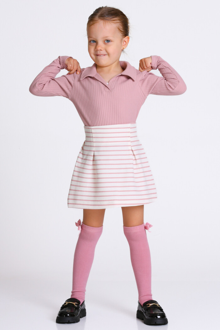 Kız Çocuk Gül Kurusu Çizgili Etekli 3-7 Yaş Takım - 23319-3