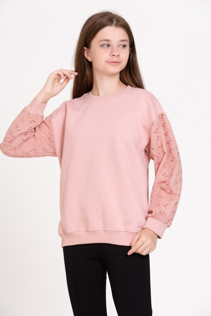 Kız Çocuk Gül Kurusu Dantel Kollu 4-12 Yaş Sweatshirt - 23176-1