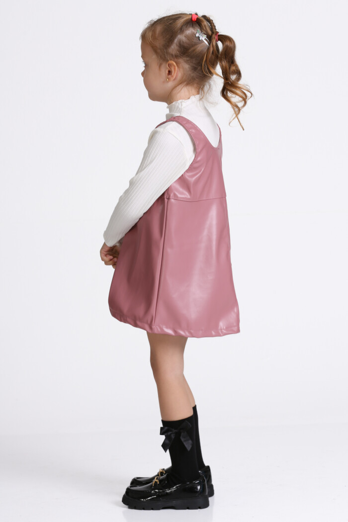 Kız Çocuk Gül Kurusu Deri Elbiseli 3-7 Yaş Takım - 23313-1