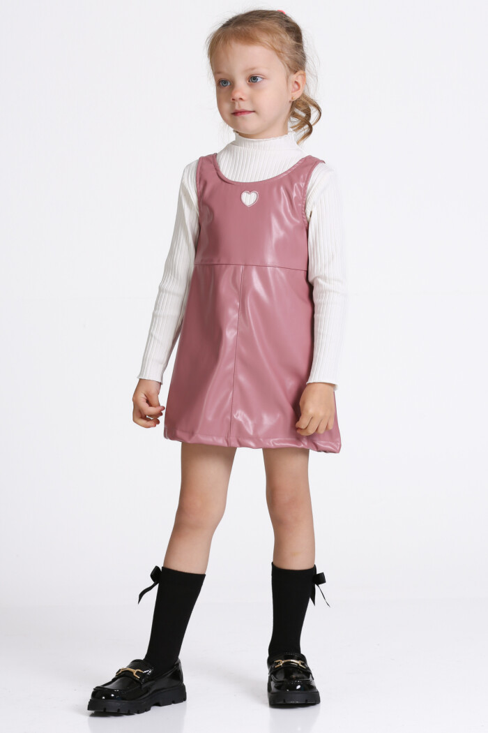 Kız Çocuk Gül Kurusu Deri Elbiseli 3-7 Yaş Takım - 23313-1