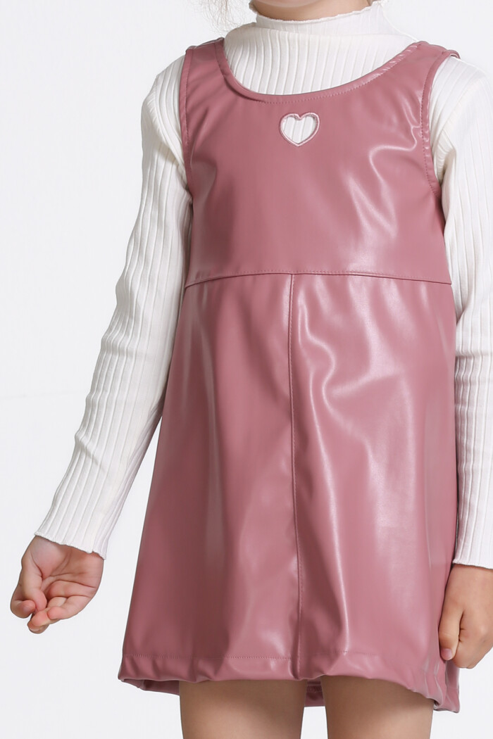 Kız Çocuk Gül Kurusu Deri Elbiseli 3-7 Yaş Takım - 23313-1