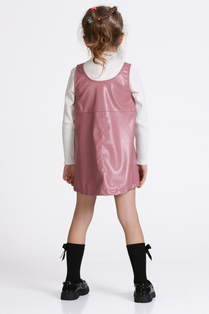 Kız Çocuk Gül Kurusu Deri Elbiseli 3-7 Yaş Takım - 23313-1