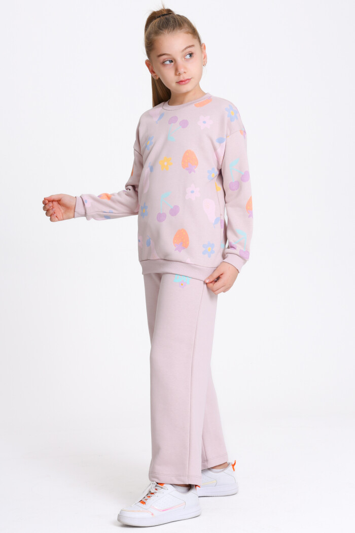 Kız Çocuk Gül Kurusu Desenli 3-7 Yaş Takım - 23279-3