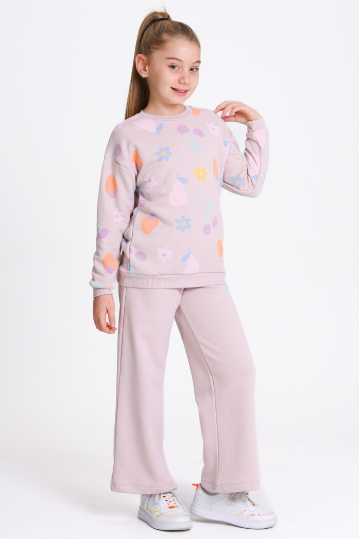 Kız Çocuk Gül Kurusu Desenli 3-7 Yaş Takım - 23279-3