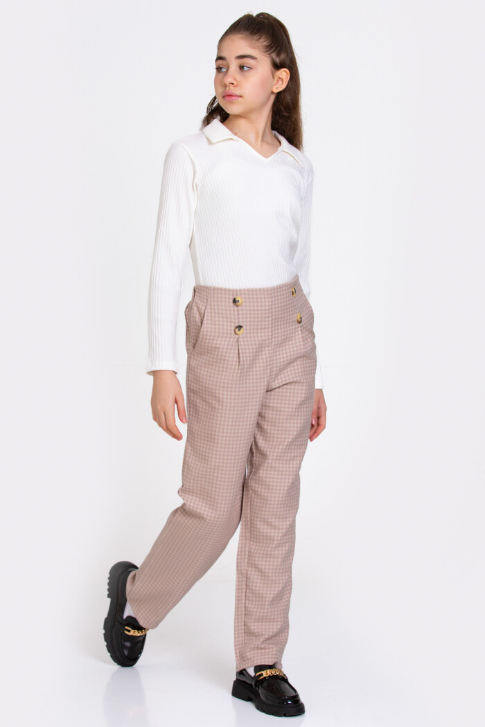 Kız Çocuk Gül Kurusu Ekoseli Fitilli 8-12 Yaş Takım - 23368-4