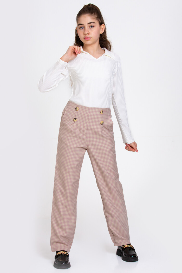 Kız Çocuk Gül Kurusu Ekoseli Fitilli 8-12 Yaş Takım - 23368-4