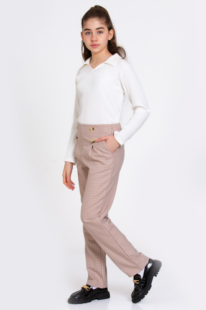 Kız Çocuk Gül Kurusu Ekoseli Fitilli 8-12 Yaş Takım - 23368-4