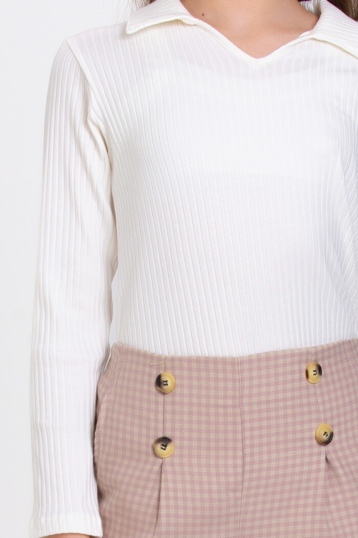 Kız Çocuk Gül Kurusu Ekoseli Fitilli 8-12 Yaş Takım - 23368-4